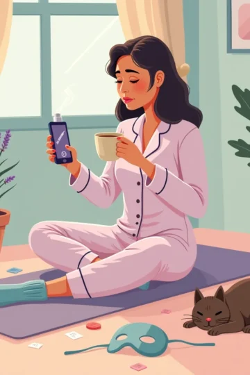 Obrazek kobiety siedzącej na macie do jogi, z telefonem w jednej ręce i herbatą w drugiej, obok kot, maska