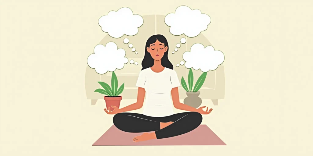 Rysunek kobiety siedzącej przed sofą w pozycji medytacyjnej