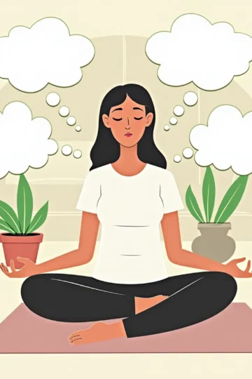 Rysunek kobiety siedzącej przed sofą w pozycji medytacyjnej