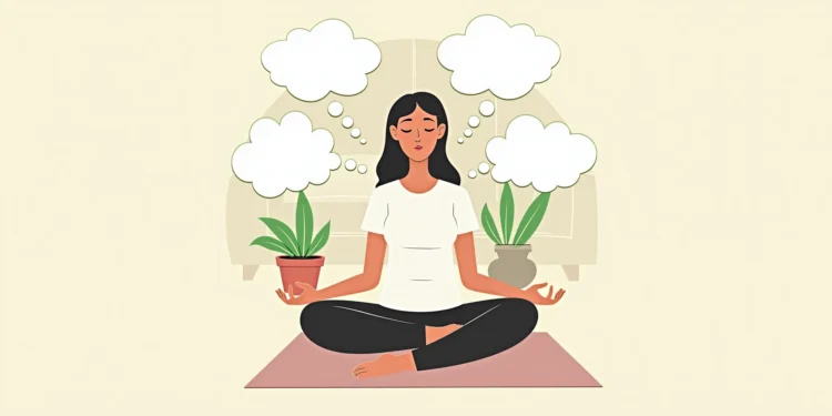 Rysunek kobiety siedzącej przed sofą w pozycji medytacyjnej