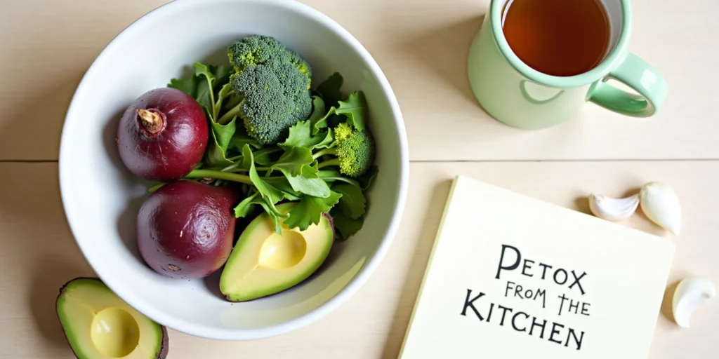 Style: natural, slightly humorous, with a "clean and earthy" aesthetic. Scene: a kitchen counter with a bowl of colorful vegetables – beets, broccoli, arugula, avocado, garlic. Next to it, a mug of herbal tea and a notebook with the words "Detox from the Kitchen" written on it. Soft, natural lighting, pastel colors (green, burgundy, beige). Mood: freshness, lightness, a sense of renewal.