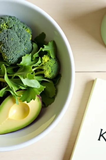 Style: natural, slightly humorous, with a "clean and earthy" aesthetic. Scene: a kitchen counter with a bowl of colorful vegetables – beets, broccoli, arugula, avocado, garlic. Next to it, a mug of herbal tea and a notebook with the words "Detox from the Kitchen" written on it. Soft, natural lighting, pastel colors (green, burgundy, beige). Mood: freshness, lightness, a sense of renewal.